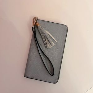 Baby Robin egg blue wristlet wallet with tassel and gold accents